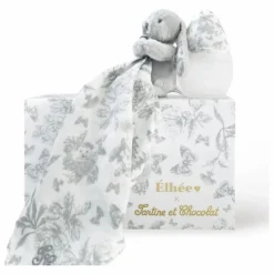 Hot Coffret biberon en silicone médical et doudou lange Augustin le lapin Toile de Jouy - x Tartine et Chocolat | Biberons|Cadeau De Naissance