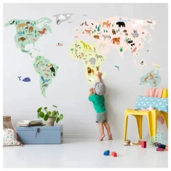 Outlet Stickers Carte du monde avec animaux Enfant Déco Murale Enfant